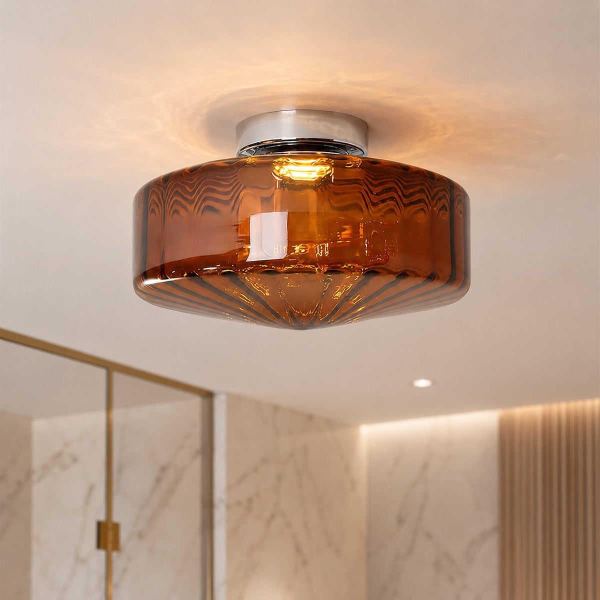 Corrugated Glass LED Flush Mount Ceiling Light Chrome Brown or Green