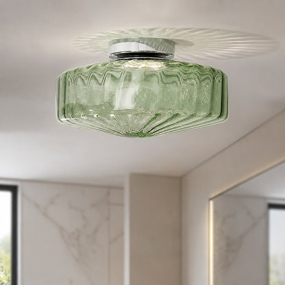 Corrugated Glass LED Flush Mount Ceiling Light Chrome Brown or Green