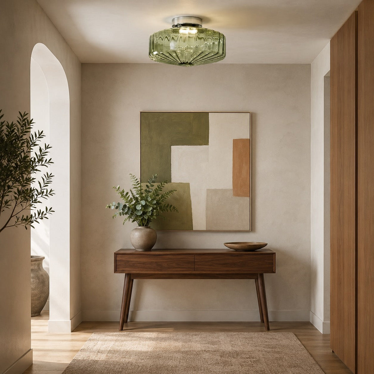 Corrugated Glass LED Flush Mount Ceiling Light Chrome Brown or Green