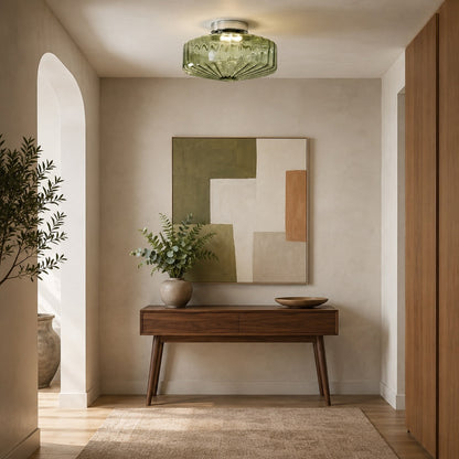 Corrugated Glass LED Flush Mount Ceiling Light Chrome Brown or Green
