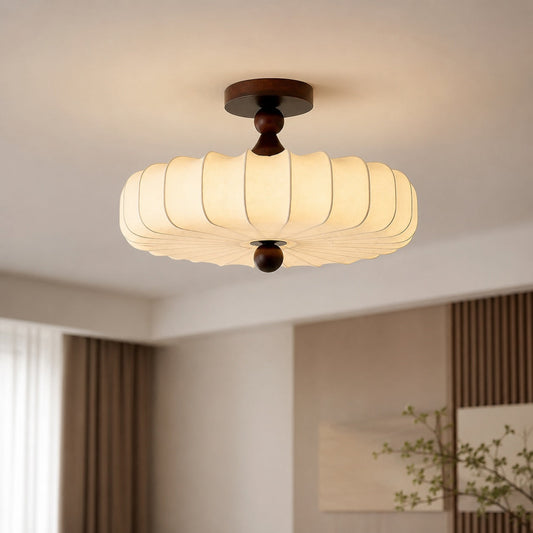 Drum LED Flush Mount Ceiling Light Walnut & Beige Dimmable Adjustable