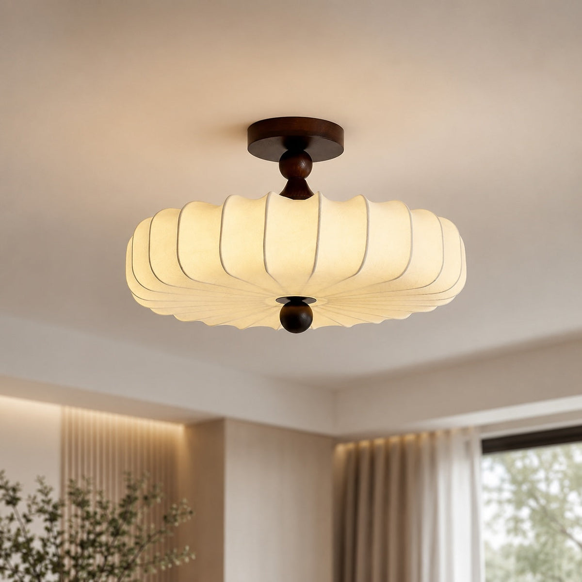 Drum LED Flush Mount Ceiling Light Walnut & Beige Dimmable Adjustable