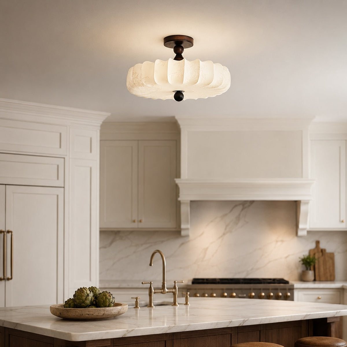 Drum LED Flush Mount Ceiling Light Walnut & Beige Dimmable Adjustable