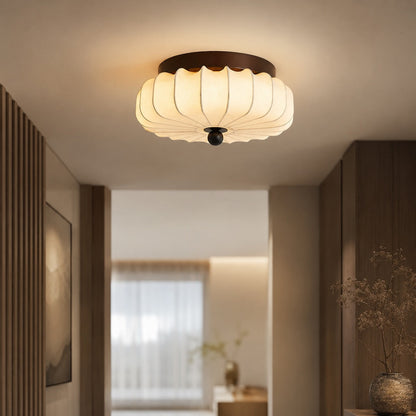 Walnut Wood LED Flush Mount Ceiling Light Fabric Shade Dimmable 3 Sizes