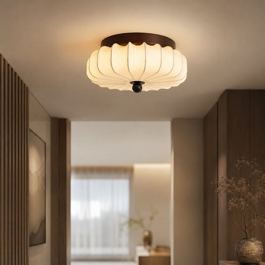 Walnut Wood LED Flush Mount Ceiling Light Fabric Shade Dimmable 3 Sizes