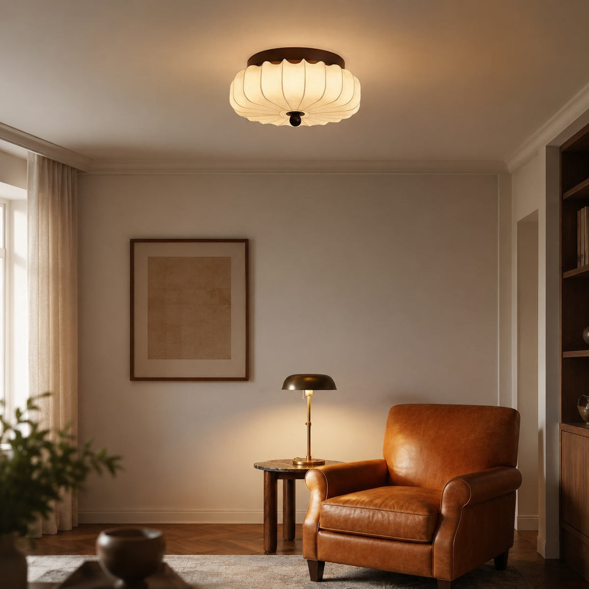 Walnut Wood LED Flush Mount Ceiling Light Fabric Shade Dimmable 3 Sizes