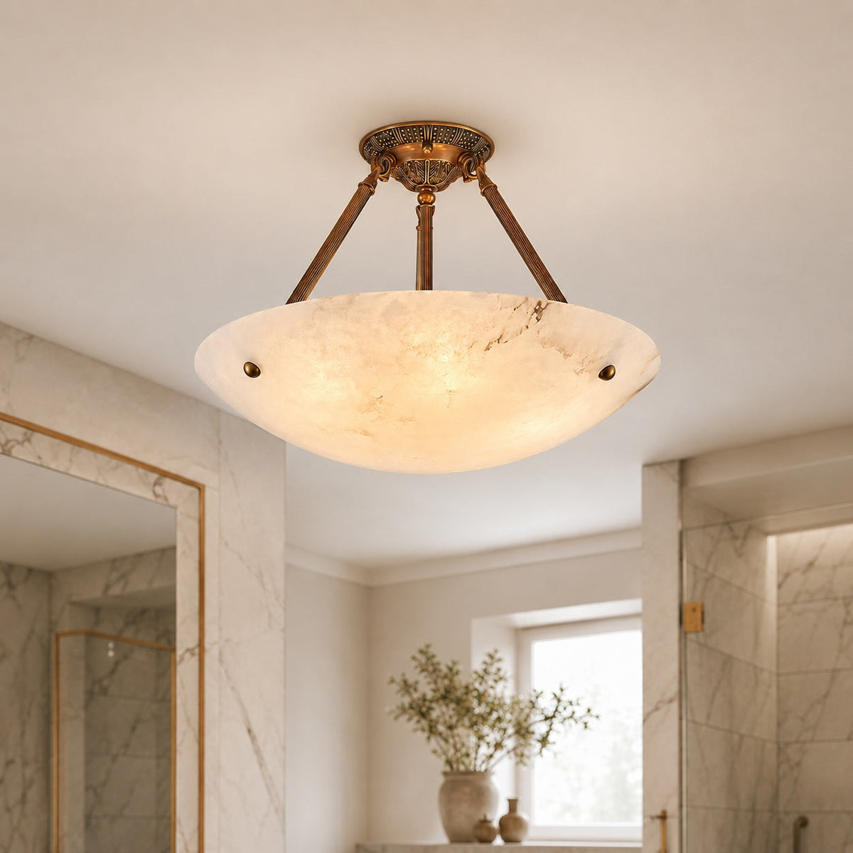 Alabaster Bowl LED Flush Mount Ceiling Light Aged Brass 4 to 6 Light