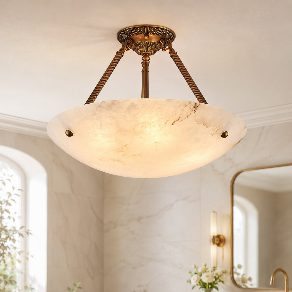 Alabaster Bowl LED Flush Mount Ceiling Light Aged Brass 4 to 6 Light