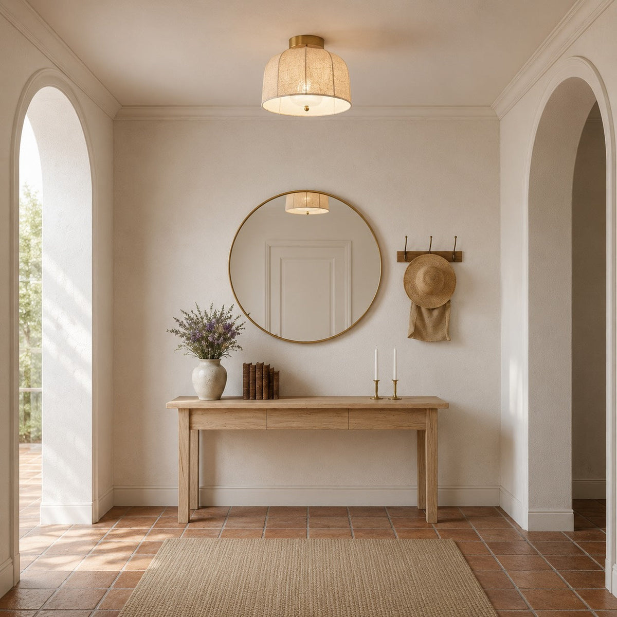 Rustic Linen LED Flush Mount Ceiling Light Warm Gold Accent 2 Sizes