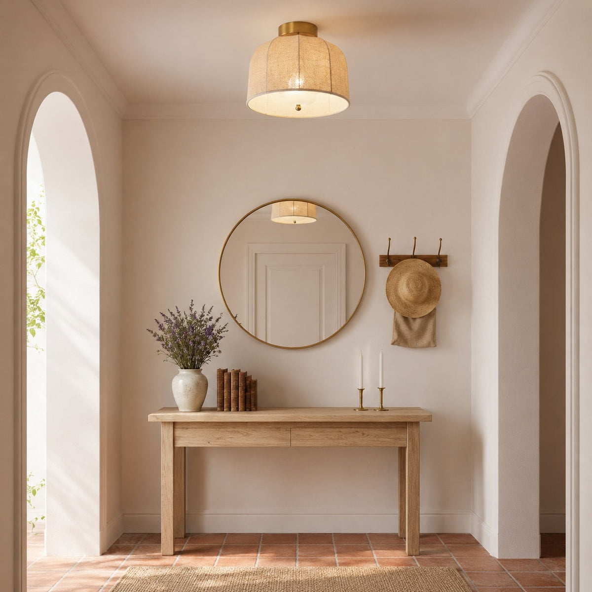 Rustic Linen LED Flush Mount Ceiling Light Warm Gold Accent 2 Sizes