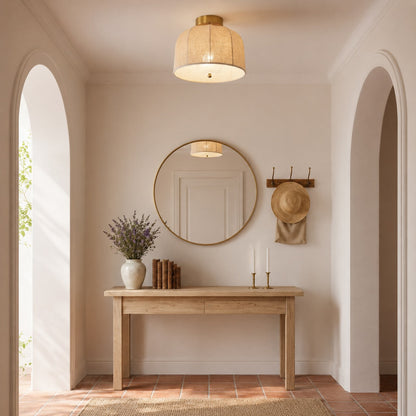 Rustic Linen LED Flush Mount Ceiling Light Warm Gold Accent 2 Sizes