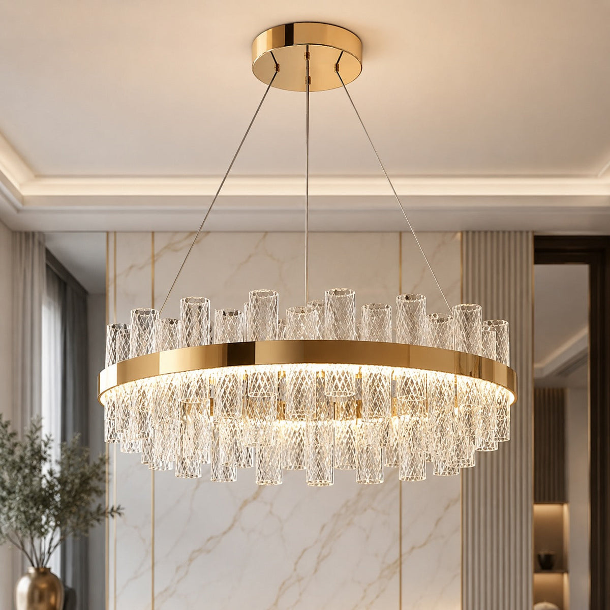 Crackled Glass Steel Chandelier 3-Colour LED