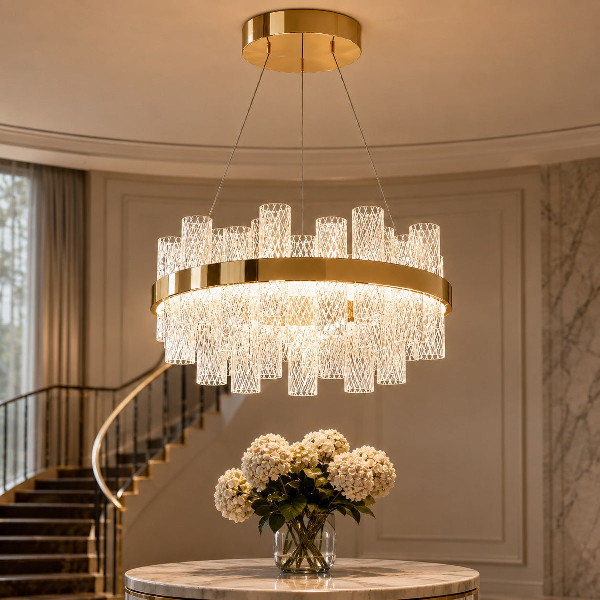 Crackled Glass Steel Chandelier 3-Colour LED