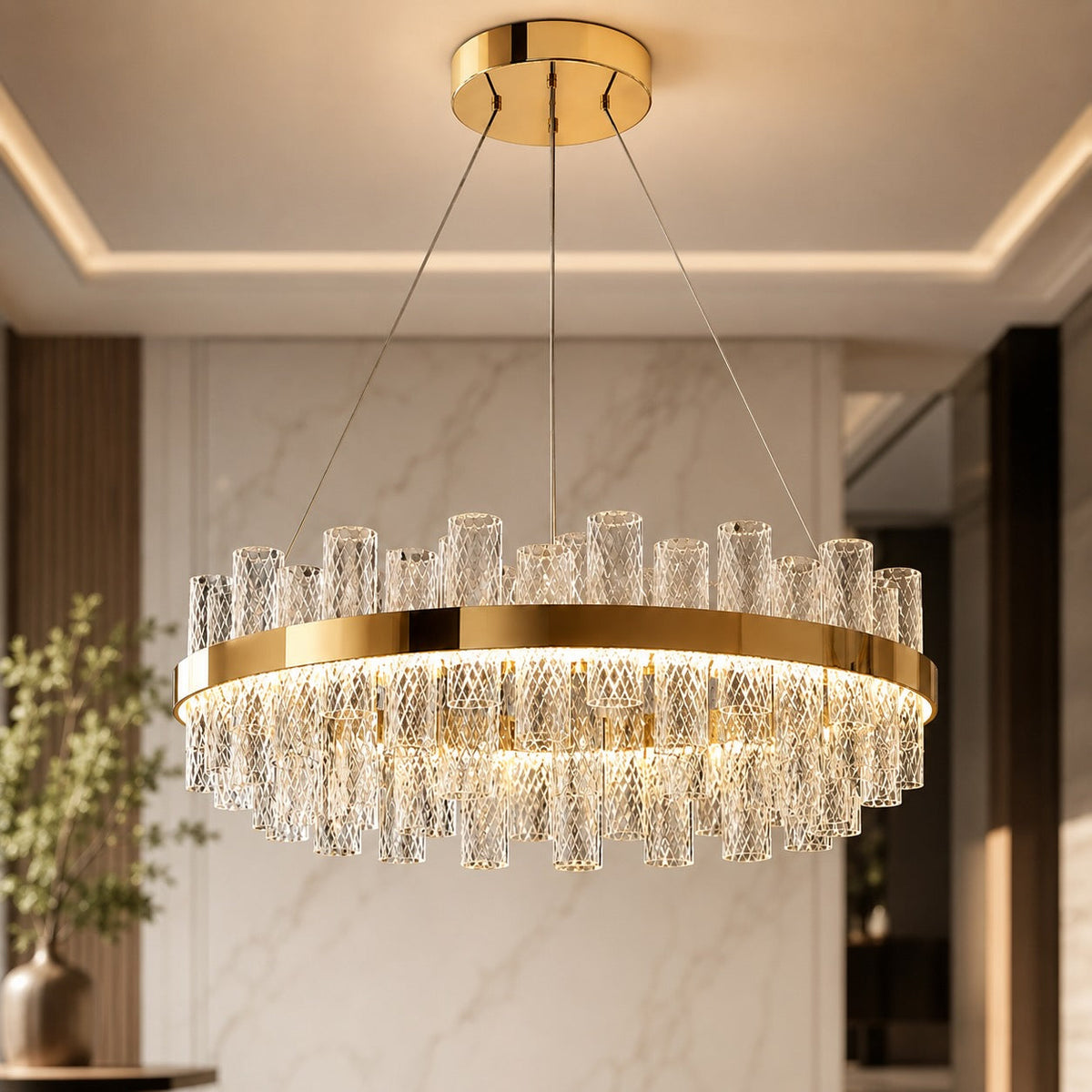Crackled Glass Steel Chandelier 3-Colour LED