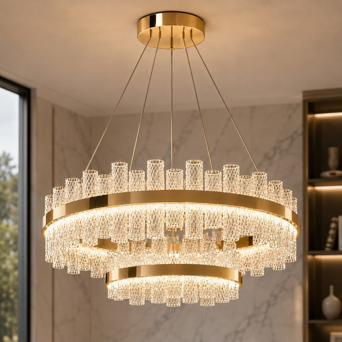 Crackled Glass Steel Chandelier 3-Colour LED