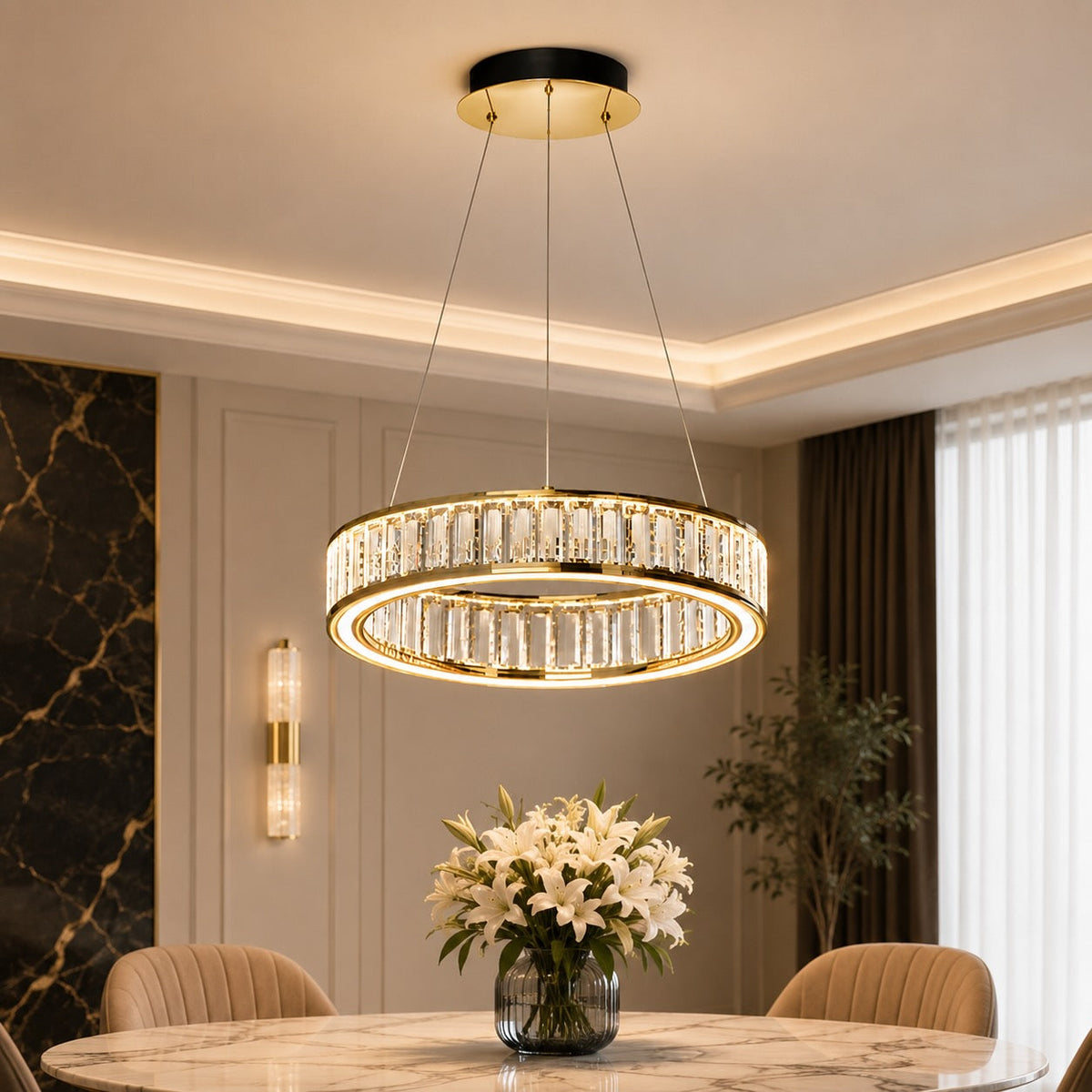 Gold Aluminium Crystal Chandelier 3-Colour LED