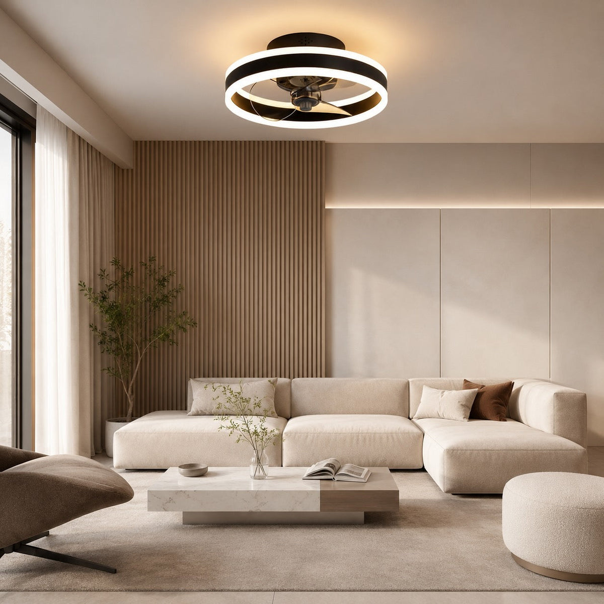 Curved Blade Flush Mount Ceiling Fan with Dimmable LED Light Gold Black White