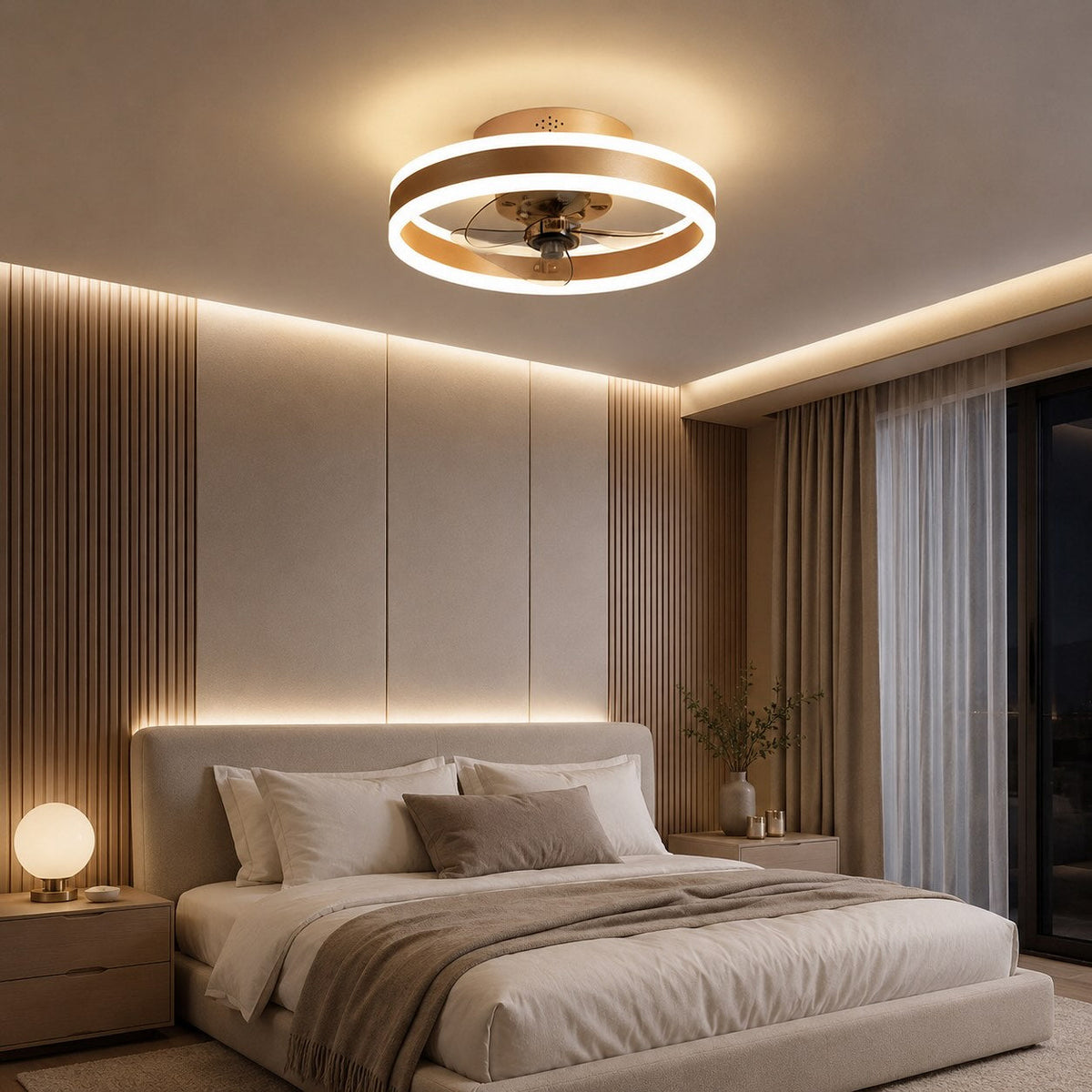 Curved Blade Flush Mount Ceiling Fan with Dimmable LED Light Gold Black White