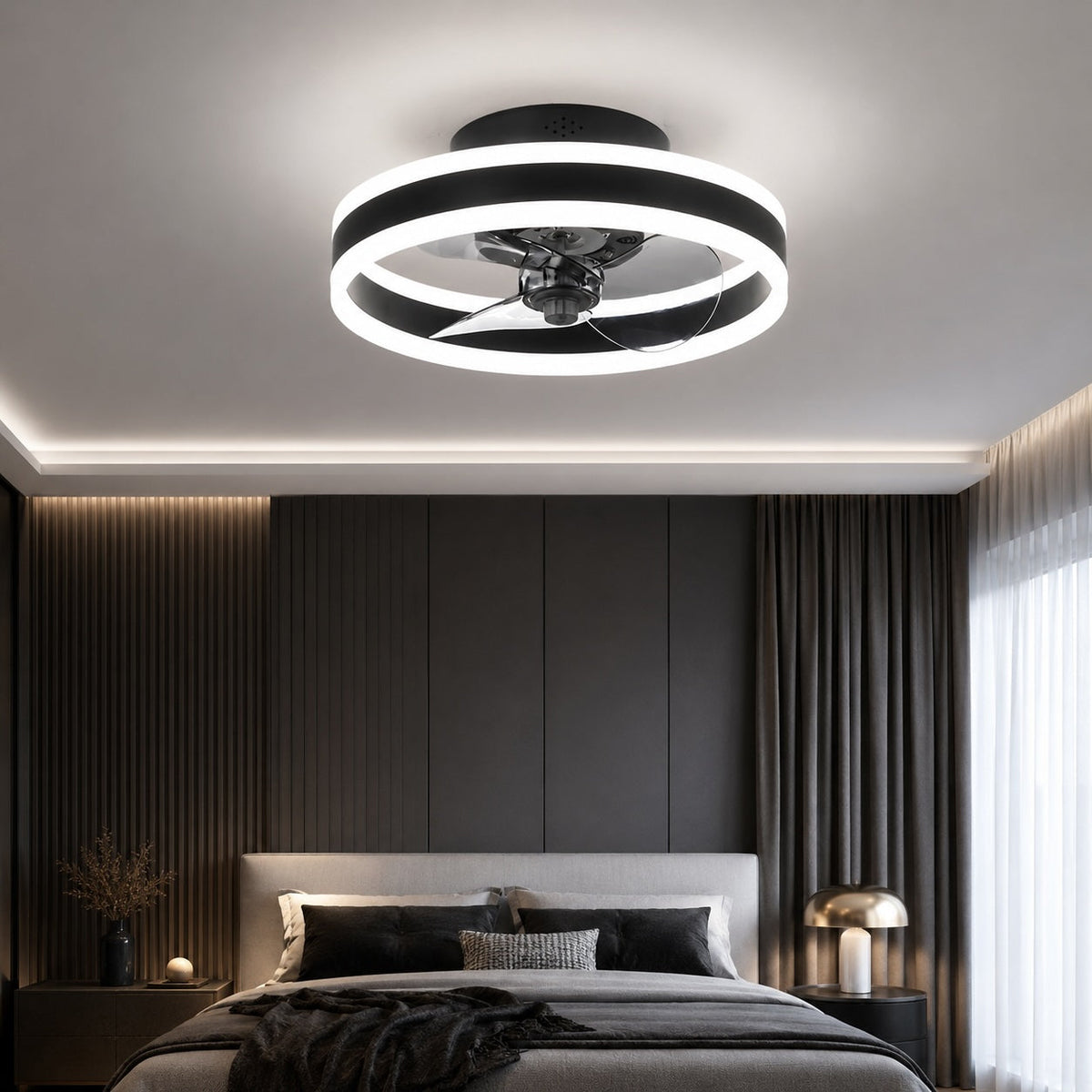 Curved Blade Flush Mount Ceiling Fan with Dimmable LED Light Gold Black White