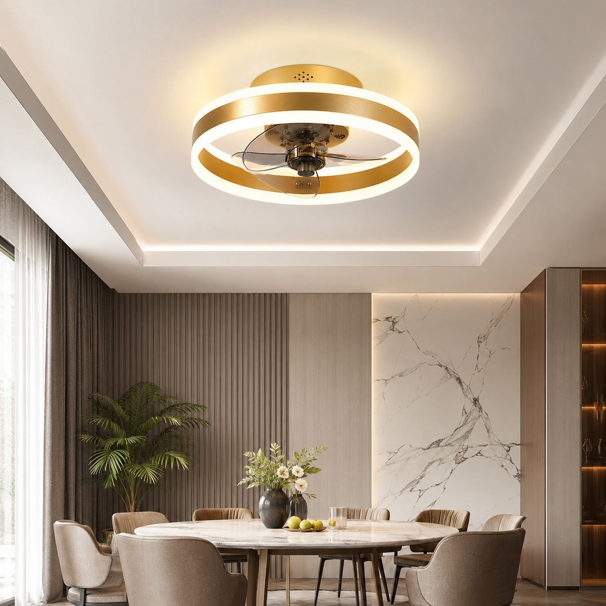 Curved Blade Flush Mount Ceiling Fan with Dimmable LED Light Gold Black White
