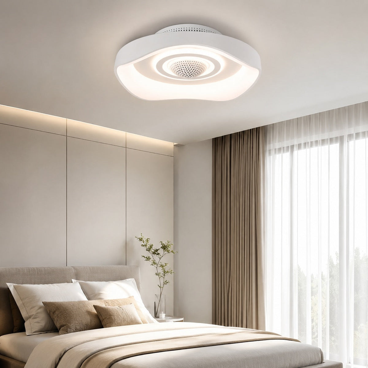 Bronze or White Iron Bladeless Ceiling Fan with Dimmable LED Light 51 cm Flush