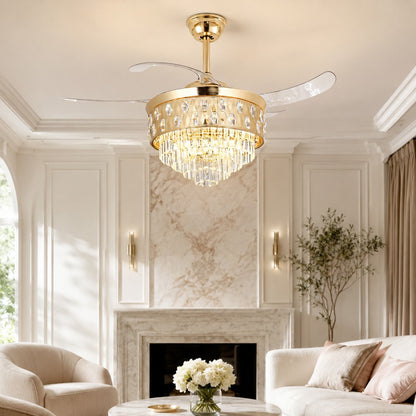 Gold Crystal Ceiling Fan Light with Clear Blades 48W Dimmable LED 60 cm Tall