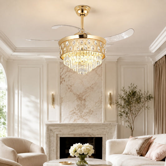 Gold Crystal Ceiling Fan Light with Clear Blades 48W Dimmable LED 60 cm Tall