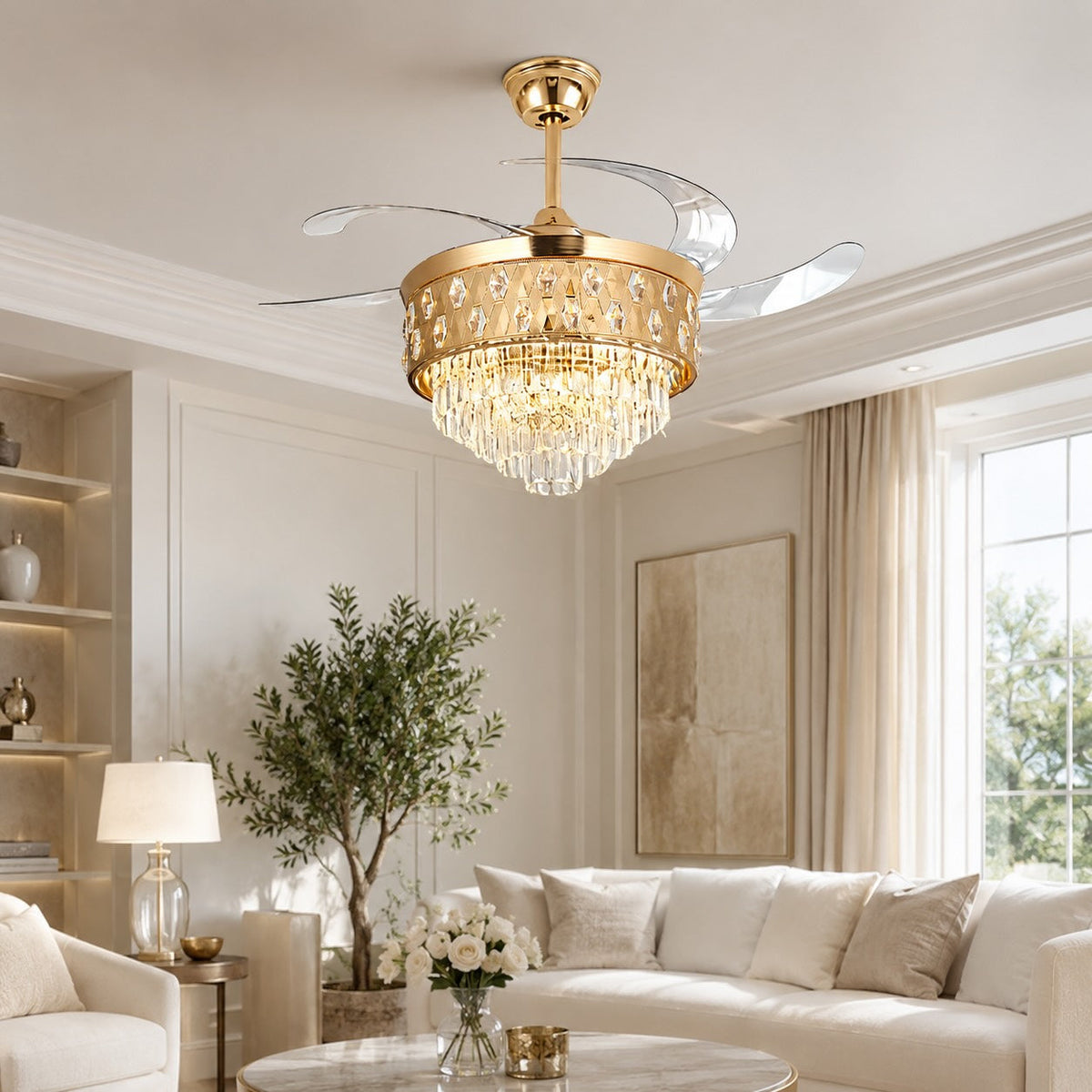 Gold Crystal Ceiling Fan Light with Clear Blades 48W Dimmable LED 60 cm Tall