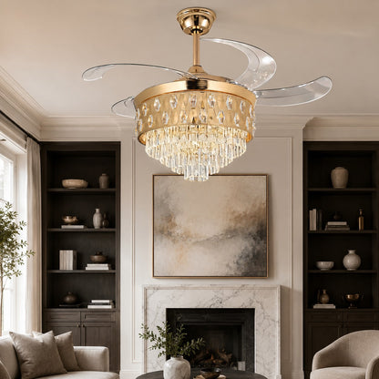 Gold Crystal Ceiling Fan Light with Clear Blades 48W Dimmable LED 60 cm Tall