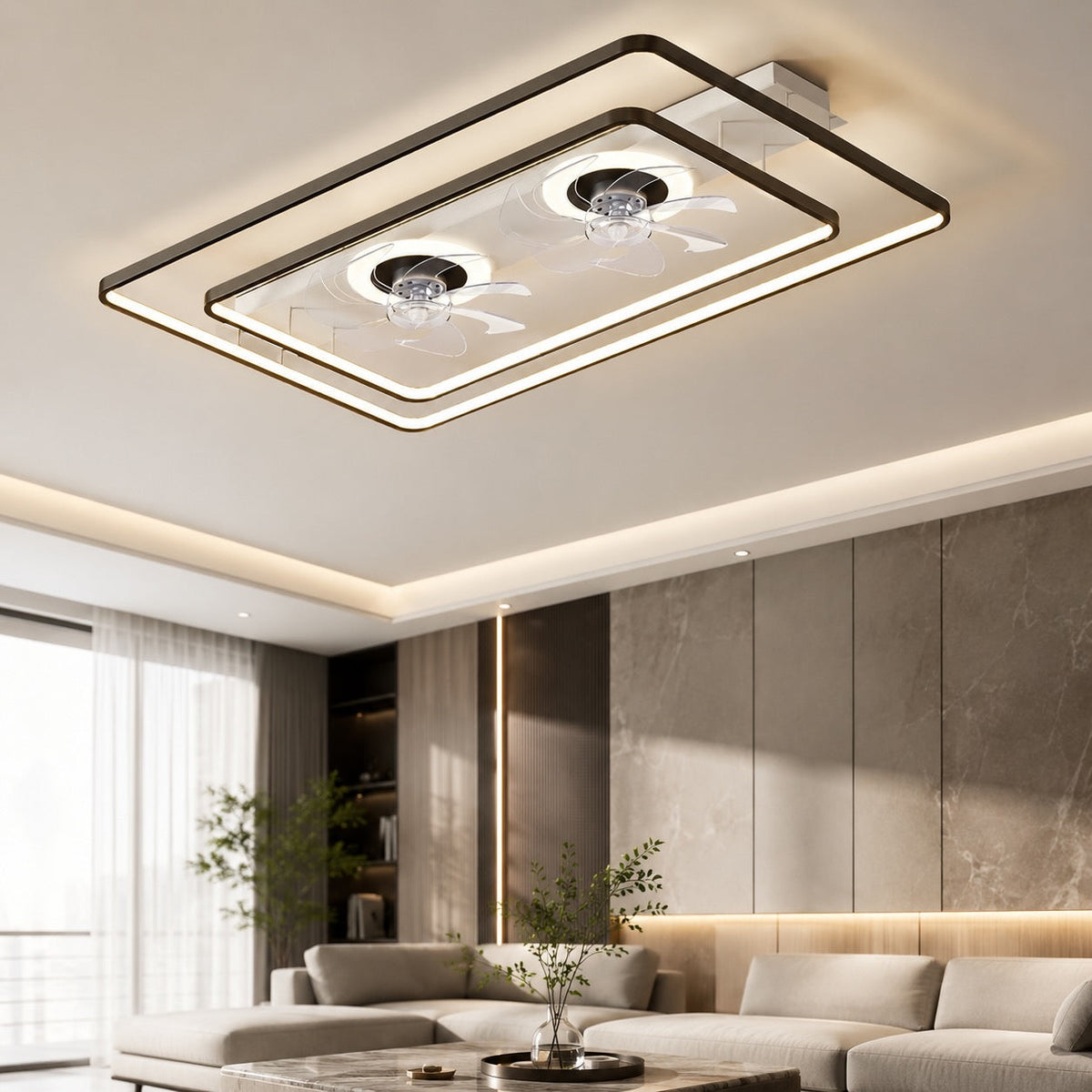 Rectangular Twin Fan Flush Mount Ceiling Fan with Tri-Colour LED Light