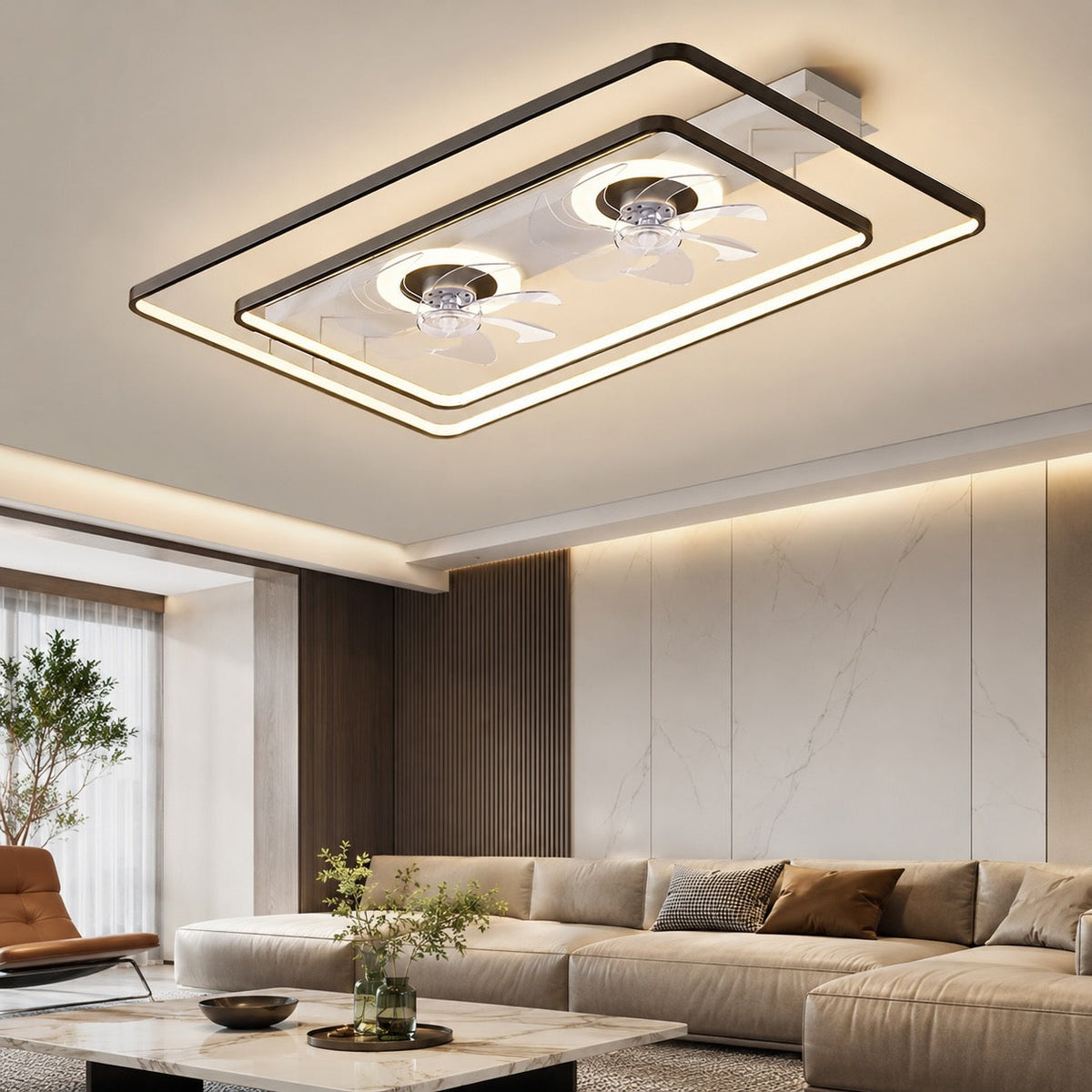 Rectangular Twin Fan Flush Mount Ceiling Fan with Tri-Colour LED Light