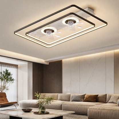 Rectangular Twin Fan Flush Mount Ceiling Fan with Tri-Colour LED Light