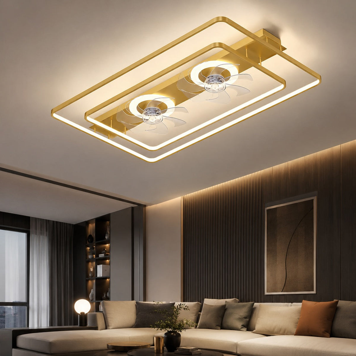 Rectangular Twin Fan Flush Mount Ceiling Fan with Tri-Colour LED Light