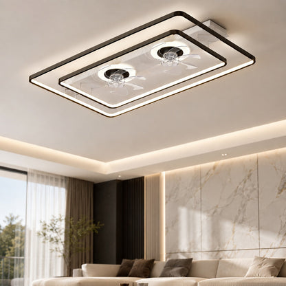 Rectangular Twin Fan Flush Mount Ceiling Fan with Tri-Colour LED Light