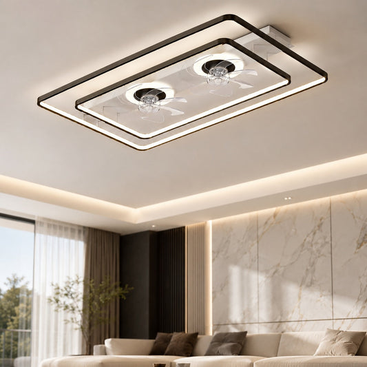 Rectangular Twin Fan Flush Mount Ceiling Fan with Tri-Colour LED Light
