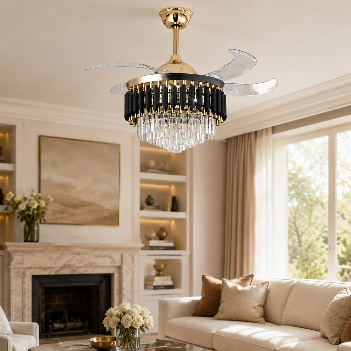 Black & Gold Crystal Ceiling Fan with Dimmable LED Light and Clear Blades