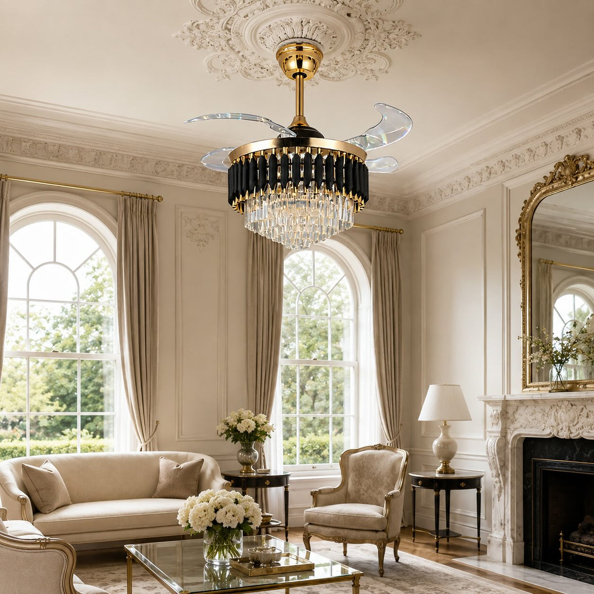 Black & Gold Crystal Ceiling Fan with Dimmable LED Light and Clear Blades