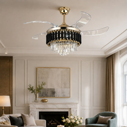 Black & Gold Crystal Ceiling Fan with Dimmable LED Light and Clear Blades