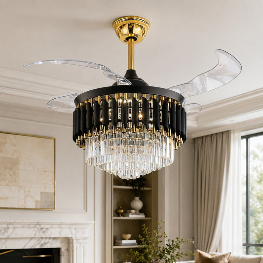 Black & Gold Crystal Ceiling Fan with Dimmable LED Light and Clear Blades