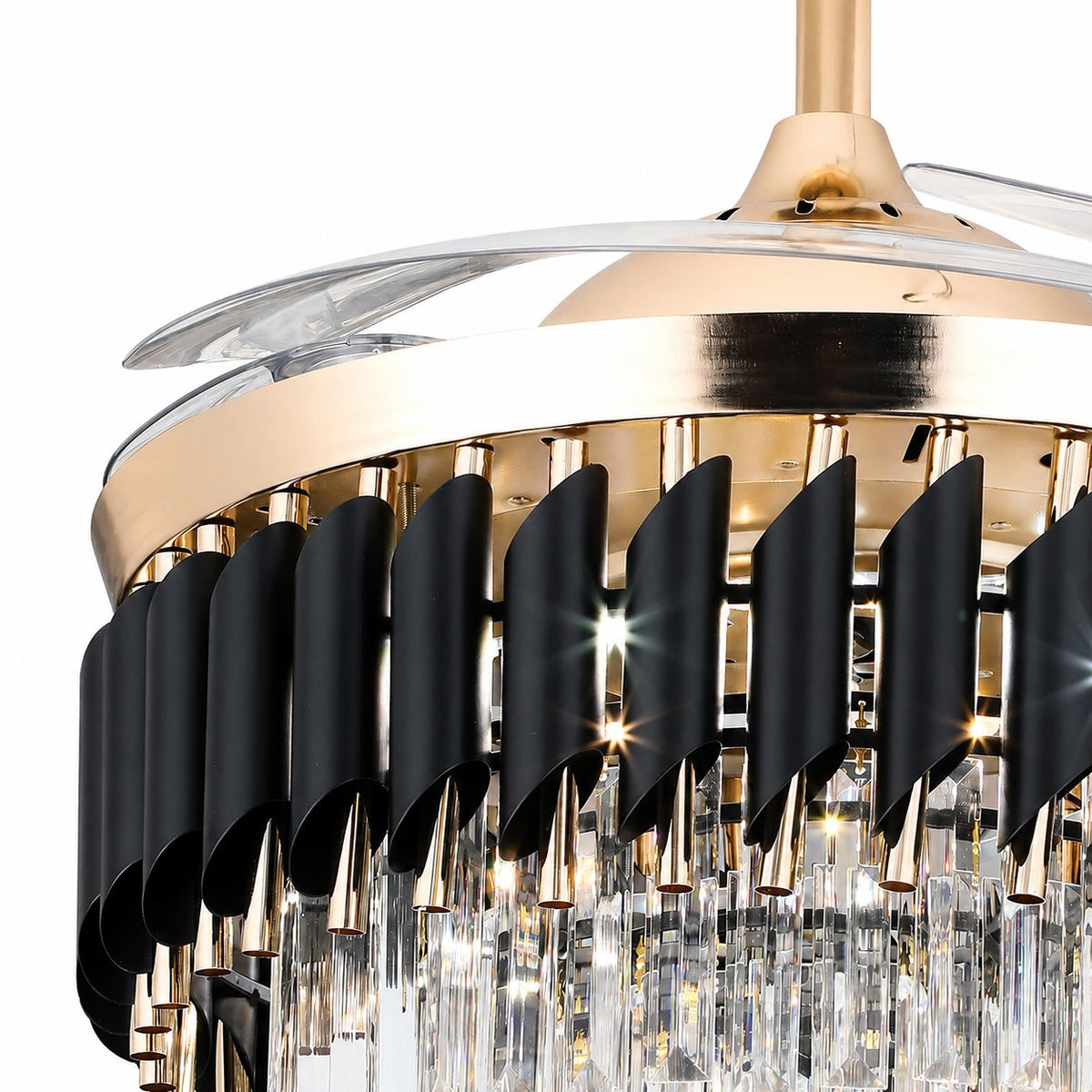 Black & Gold Crystal Ceiling Fan with Dimmable LED Light and Clear Blades