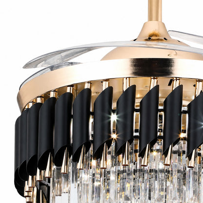 Black & Gold Crystal Ceiling Fan with Dimmable LED Light and Clear Blades