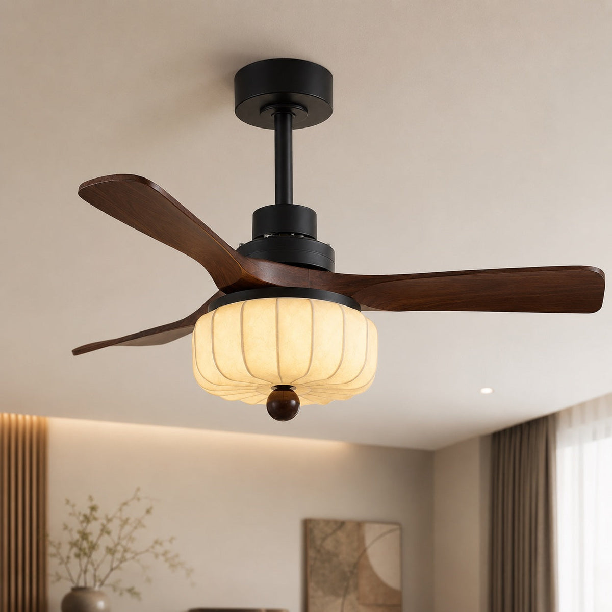 Walnut Wood Vintage Ceiling Fan with Ivory Shade Light E27 Hardwired
