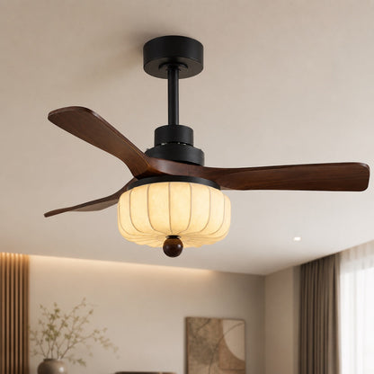 Walnut Wood Vintage Ceiling Fan with Ivory Shade Light E27 Hardwired