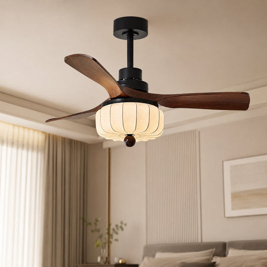 Walnut Wood Vintage Ceiling Fan with Ivory Shade Light E27 Hardwired