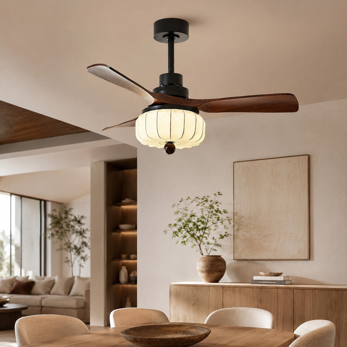 Walnut Wood Vintage Ceiling Fan with Ivory Shade Light E27 Hardwired