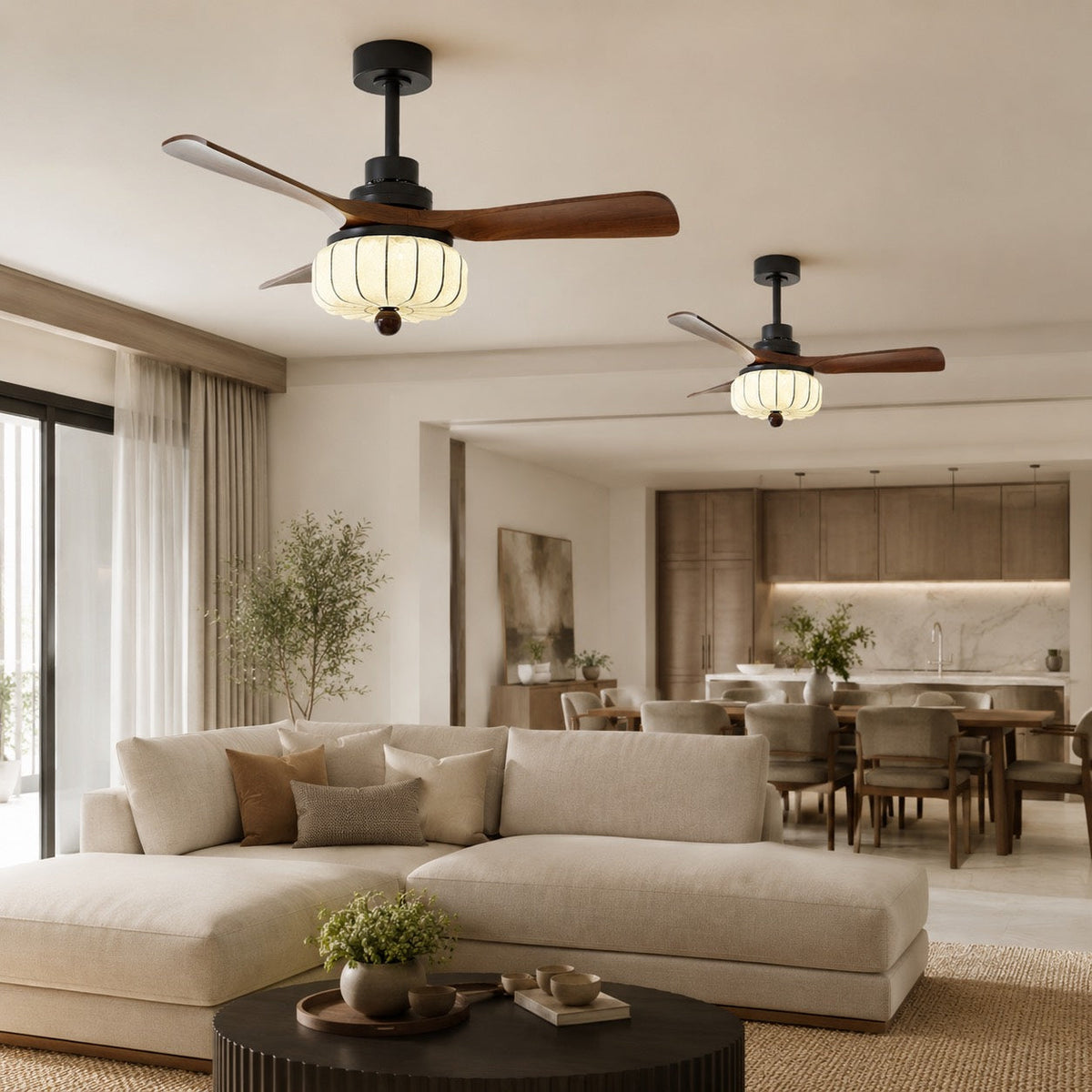 Walnut Wood Vintage Ceiling Fan with Ivory Shade Light E27 Hardwired