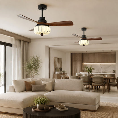 Walnut Wood Vintage Ceiling Fan with Ivory Shade Light E27 Hardwired
