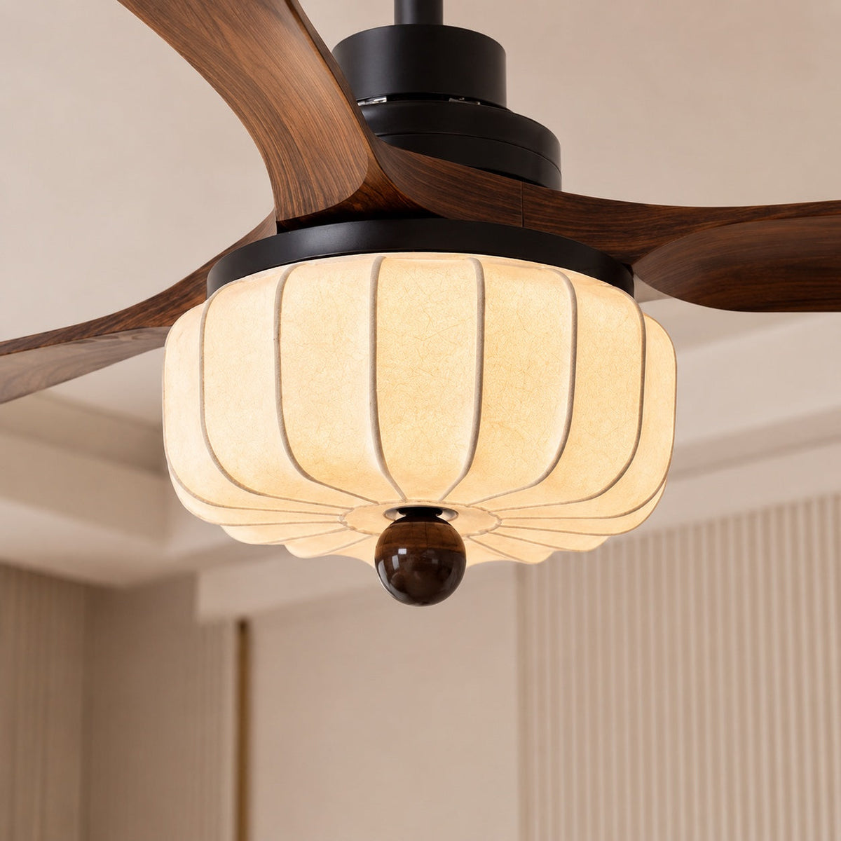 Walnut Wood Vintage Ceiling Fan with Ivory Shade Light E27 Hardwired