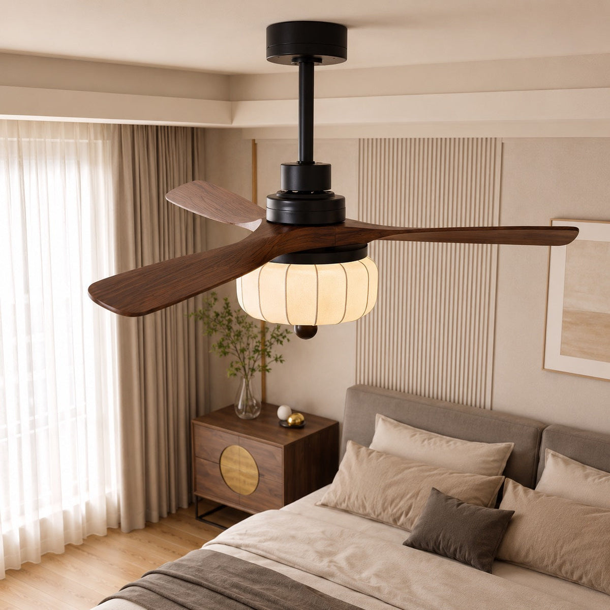Walnut Wood Vintage Ceiling Fan with Ivory Shade Light E27 Hardwired