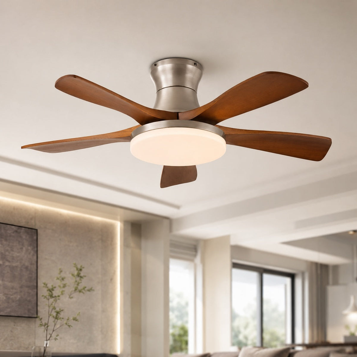 Nickel or Bronze & Walnut Wood Blade Ceiling Fan with LED Light 106 or 132 cm